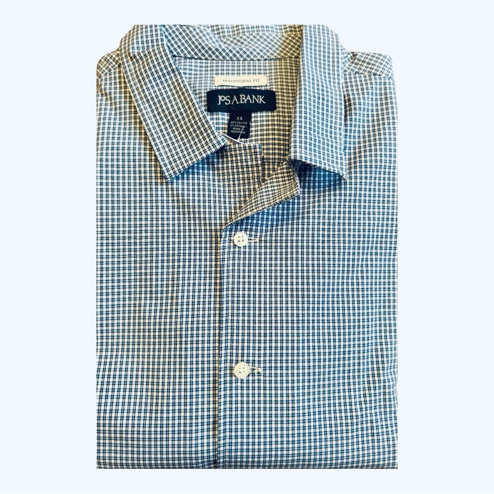 NWT Jos. A Bank Comfort Stretch Traditional Fit Plaid Short Sleeve Shirt XL Blue